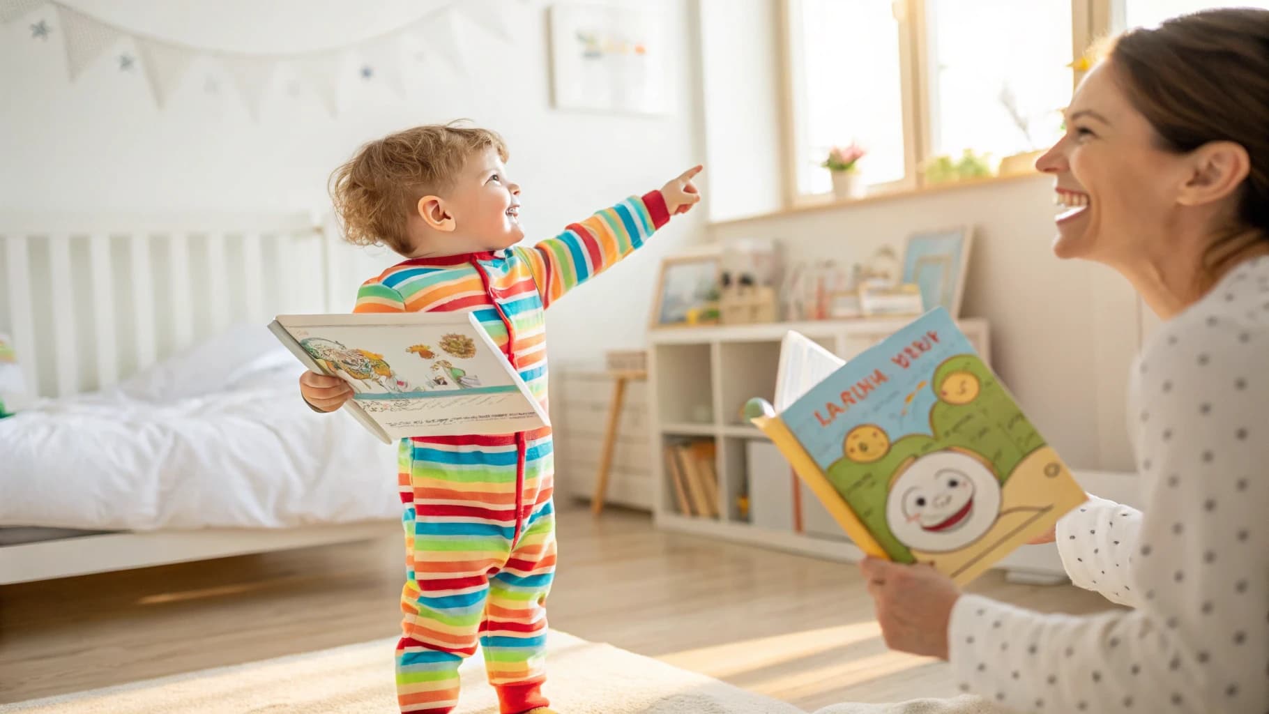 Bambino piccolo sceglie con entusiasmo il libro per la storia della buonanotte.
