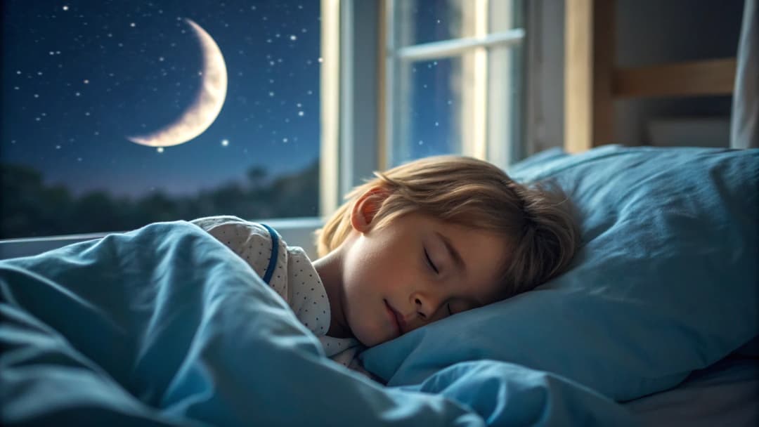 Bambino piccolo che dorme serenamente nel suo letto sotto la luce soffusa di una lampada notturna e della luna.