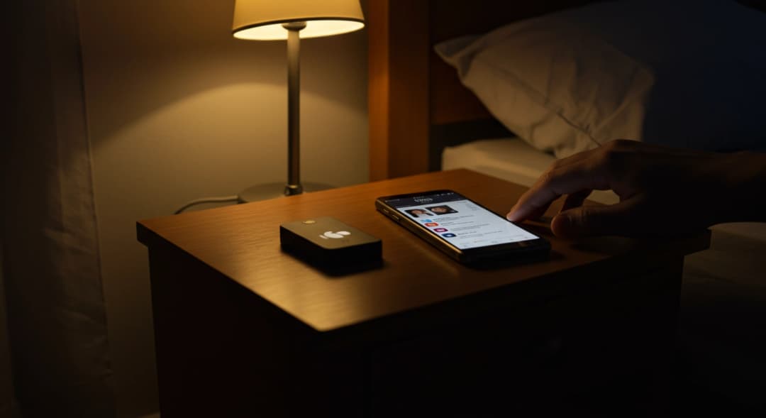 Mano che spegne uno smartphone sul comodino prima di dormire.
