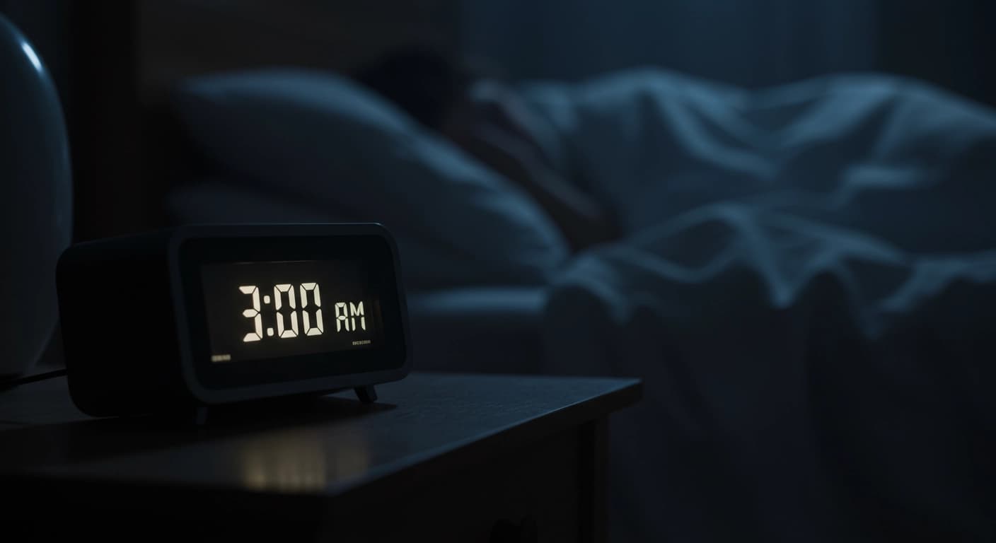Primo piano di una sveglia digitale che segna le 3:00 del mattino sul comodino, con una persona irrequieta a letto sullo sfondo.