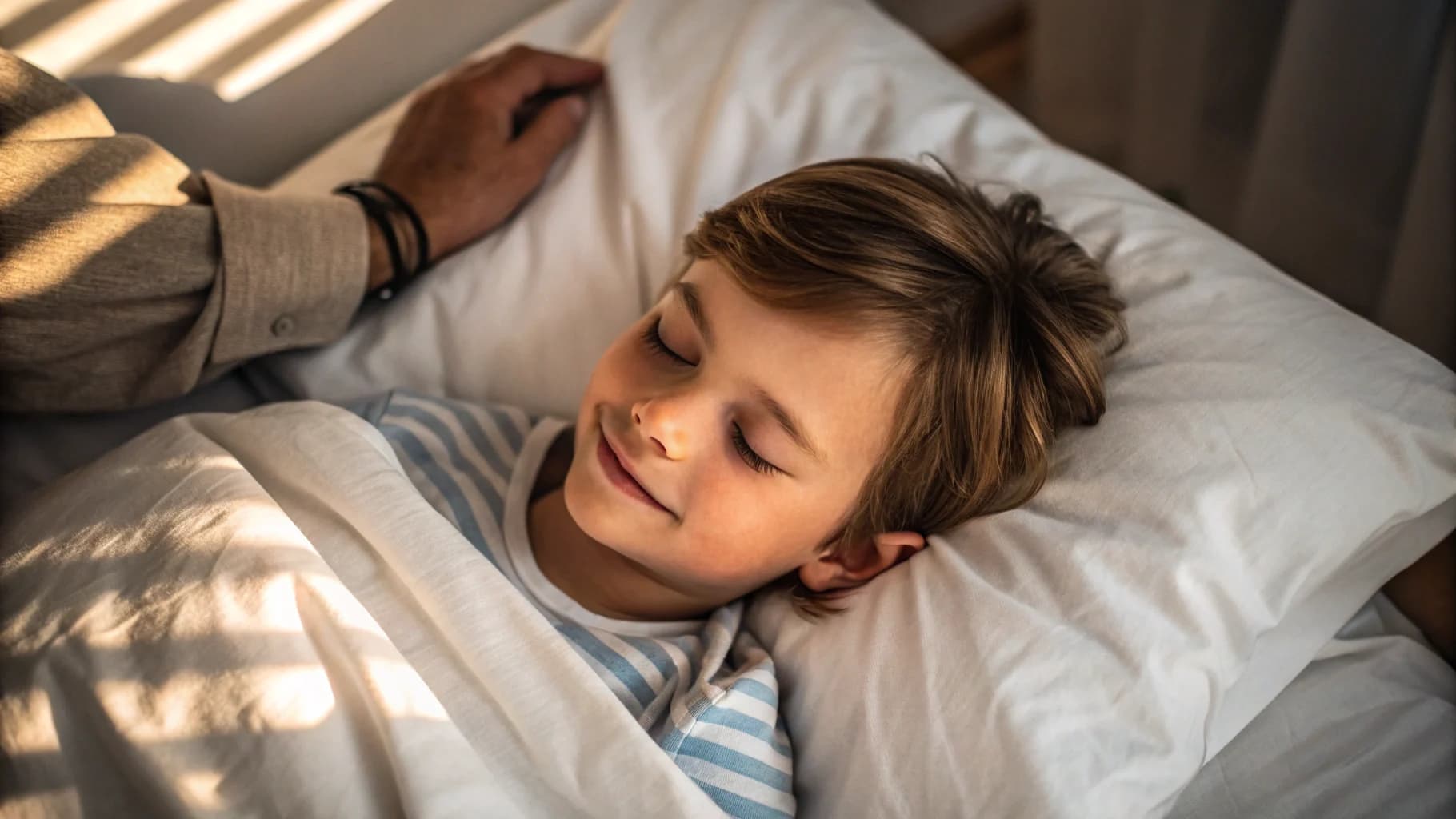 Bambino rilassato nel letto con un'espressione serena, mano del genitore sulla spalla.