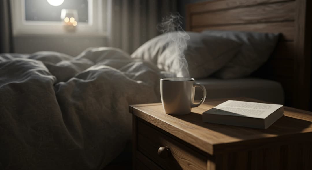 Comodino accanto a un letto con una tazza di tisana fumante e un libro aperto, illuminato da una luce soffusa.
