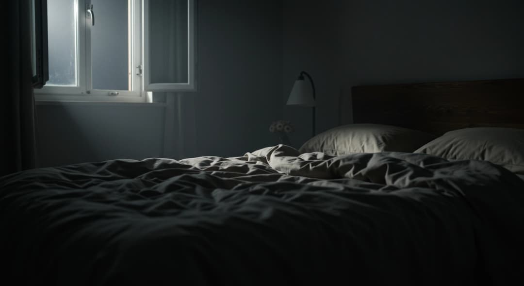 Stanza da letto serena di notte illuminata dalla luna, che evoca calma e riposo.