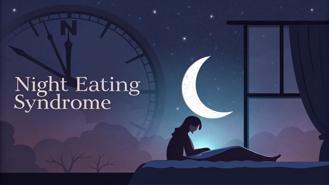 Illustrazione simbolica della Sindrome da Mangiare Notturno con un orologio distorto nel cielo notturno.