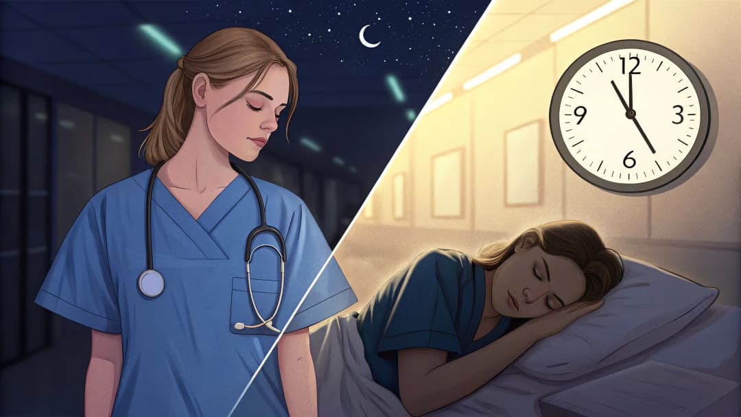 Illustration contrasting a tired nurse working at night with peaceful daytime sleep, symbolizing shift work sleep disruption.