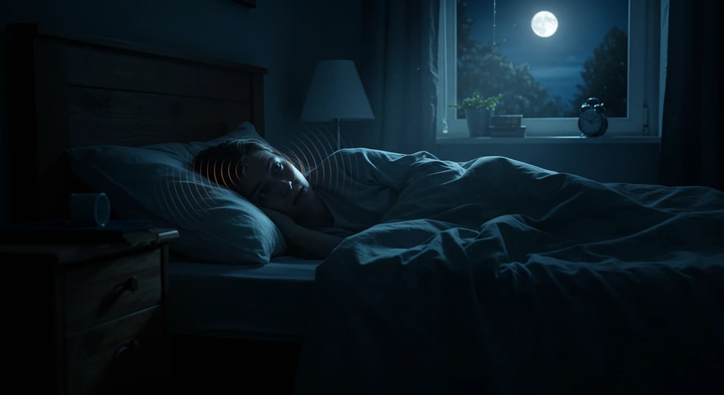 Persona sveglia a letto di notte, visibilmente frustrata dai rumori notturni.