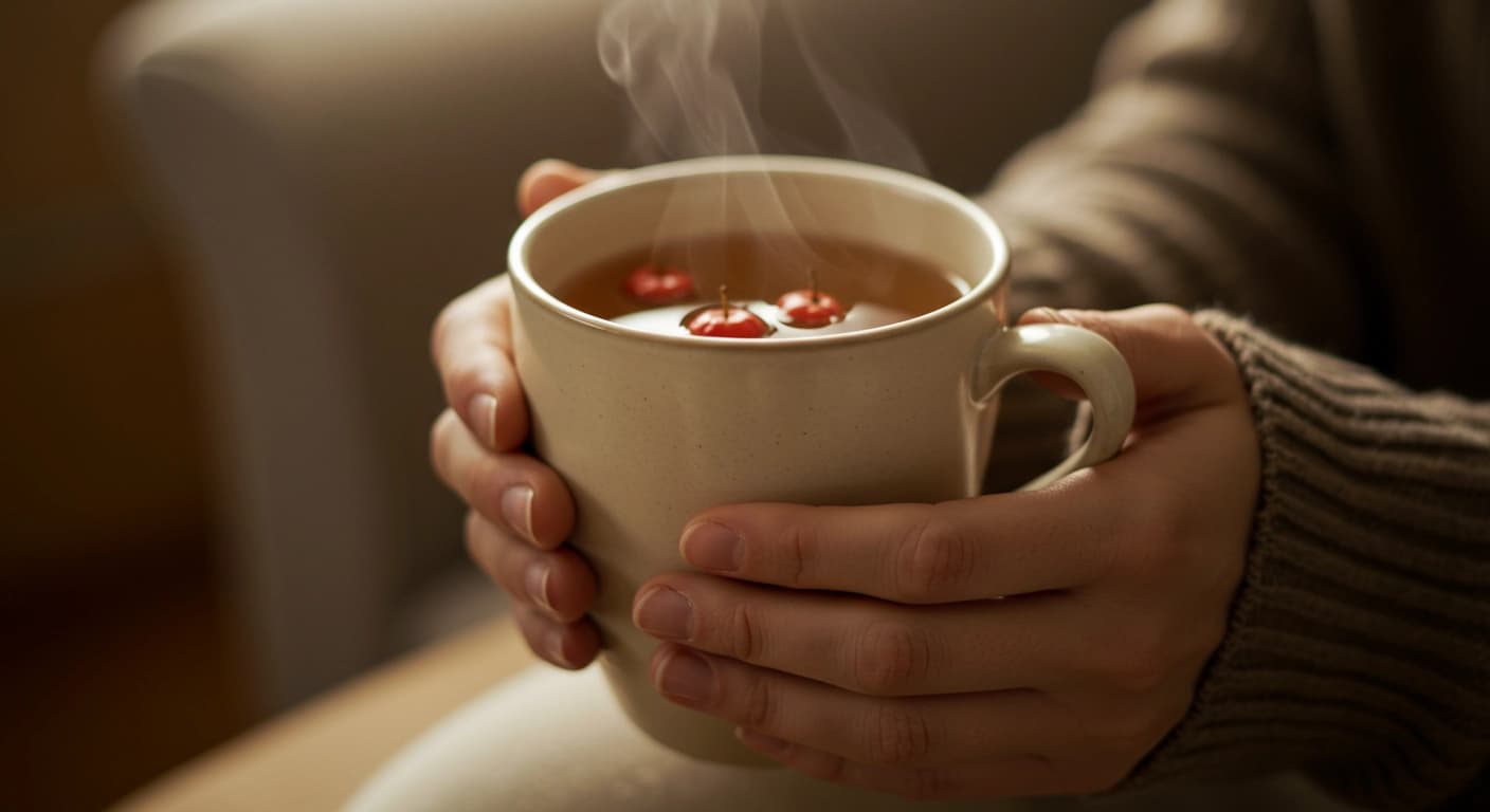 Mani che tengono una tazza di ceramica chiara con tisana calda e fumante al biancospino.