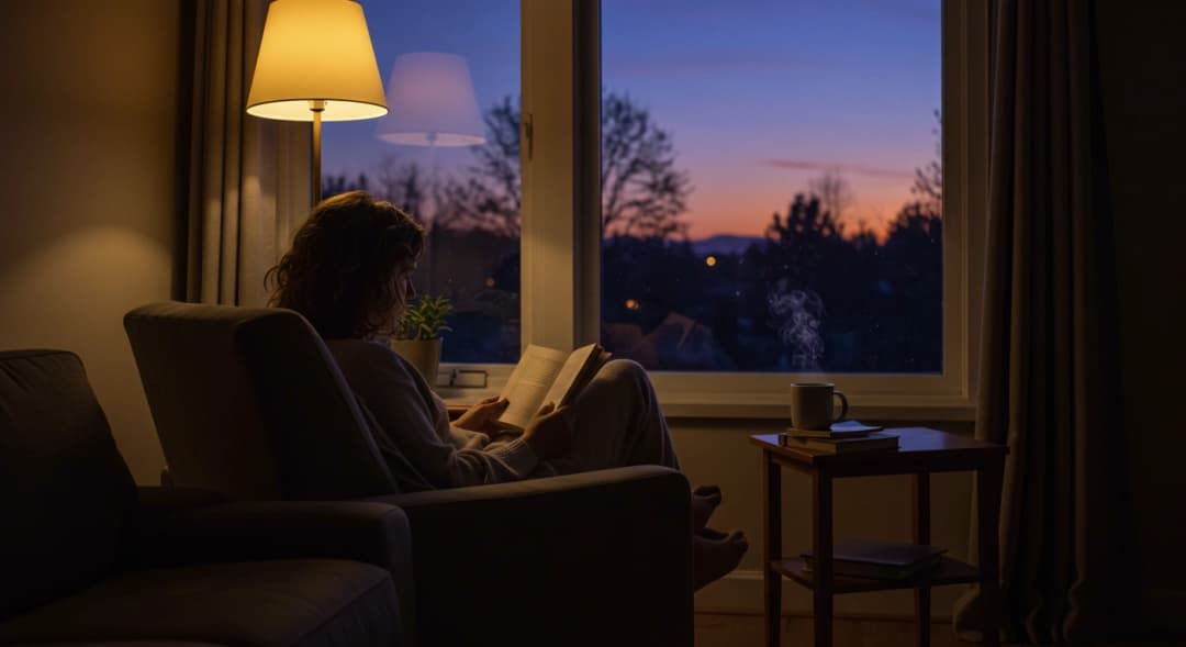 Persona che si rilassa leggendo un libro in una stanza accogliente e poco illuminata la sera.