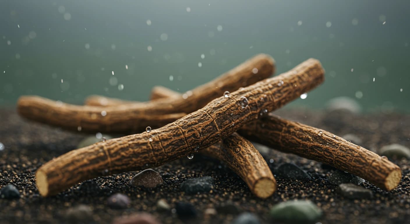 Radice di Rhodiola Rosea su terreno umido e roccioso, illuminata da una luce fresca ed energizzante.