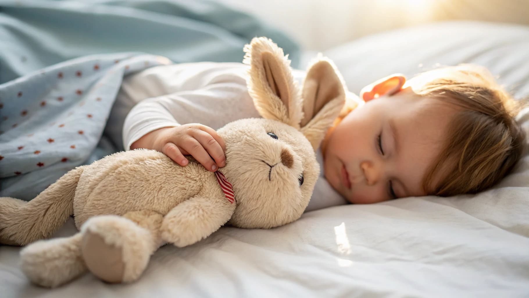 Primo piano di un doudou (oggetto transizionale) accanto alla mano di un bambino che dorme.