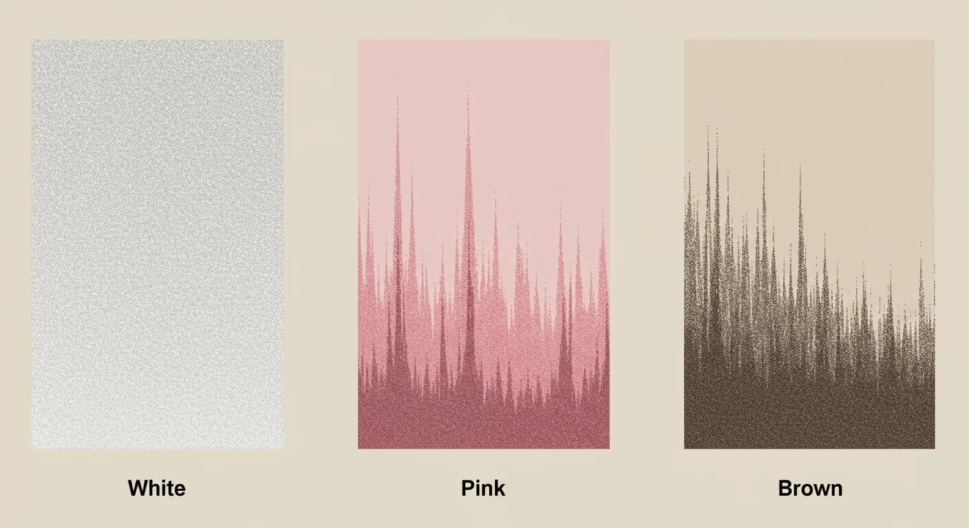 Visualizzazione astratta che confronta i profili di frequenza dei rumori bianco (uniforme), rosa (decrescente) e marrone (molto decrescente).