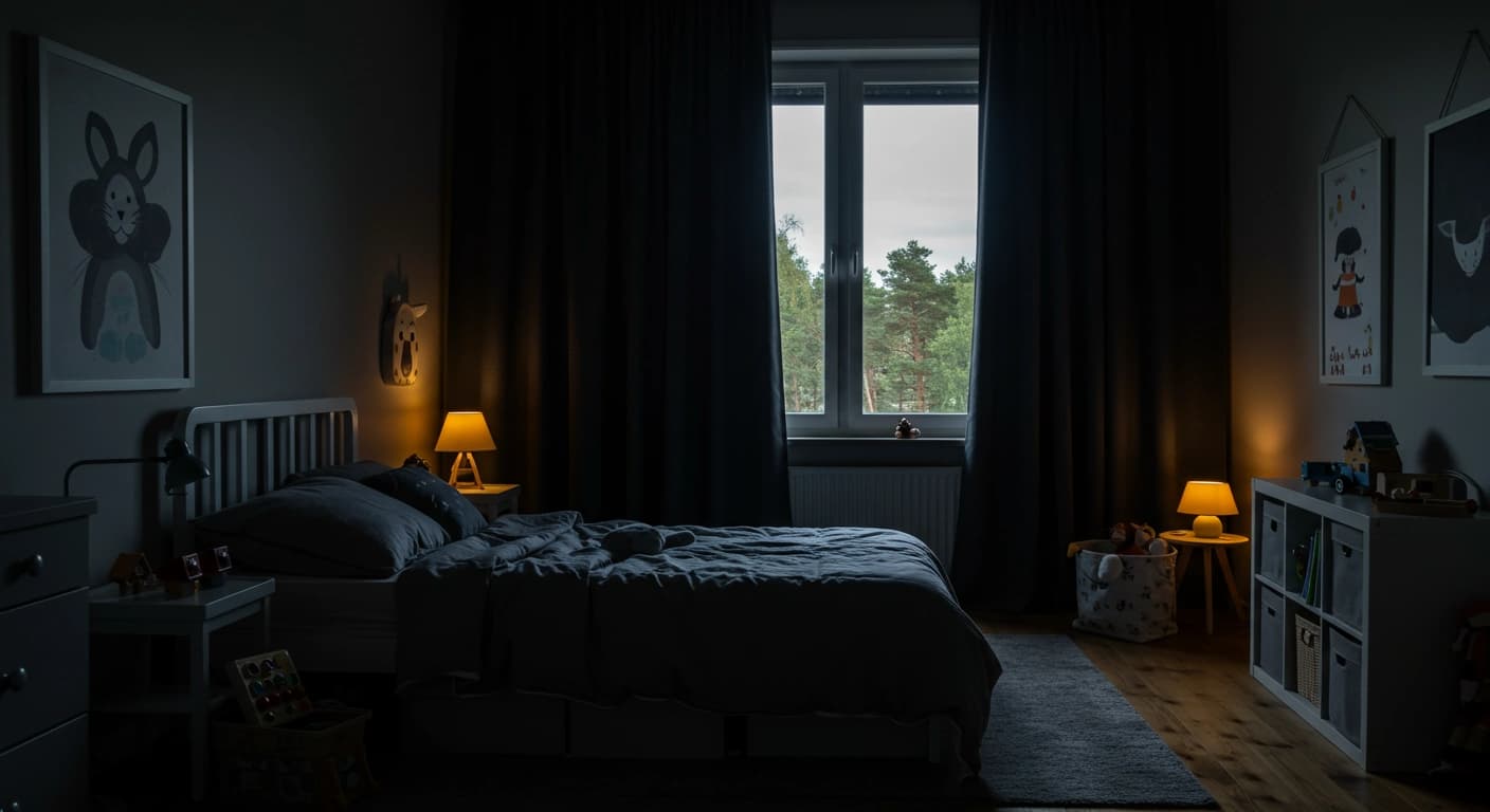 Cameretta di un bambino buia e ordinata, ottimizzata per il sonno.