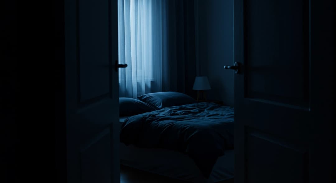 Moonlit view of a serene, dark, and empty bedroom inviting restful sleep.