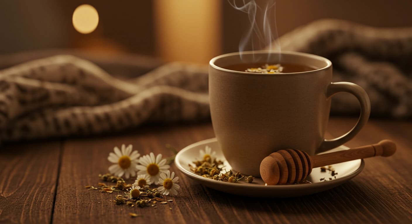 Tazza fumante di tisana alle erbe su un tavolo di legno, immagine simbolo di relax serale.