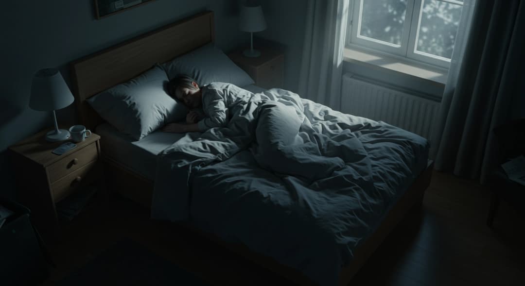 Persona che dorme profondamente e serenamente in un letto confortevole illuminato dalla luna.