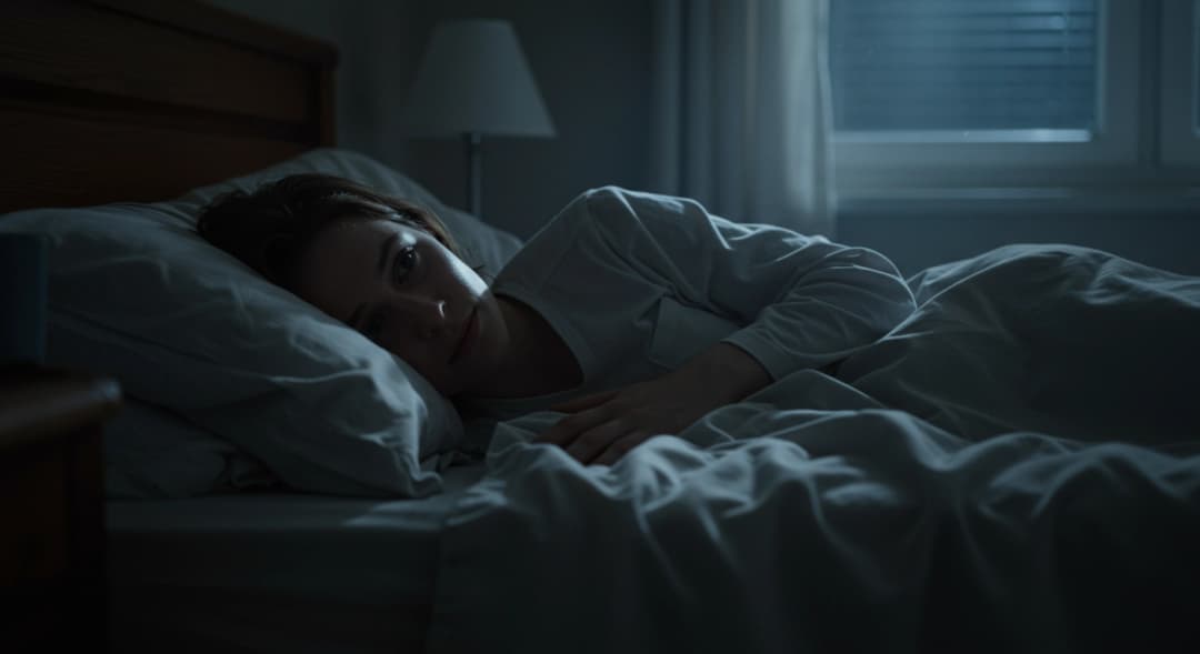 Persona sveglia ma calma a letto di notte, illuminata dalla luna, che cerca di rilassarsi per riaddormentarsi.