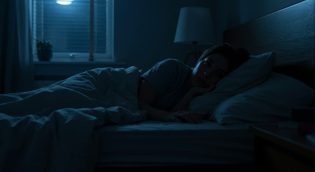 Persona sveglia a letto nel cuore della notte, simbolo del sonno interrotto.