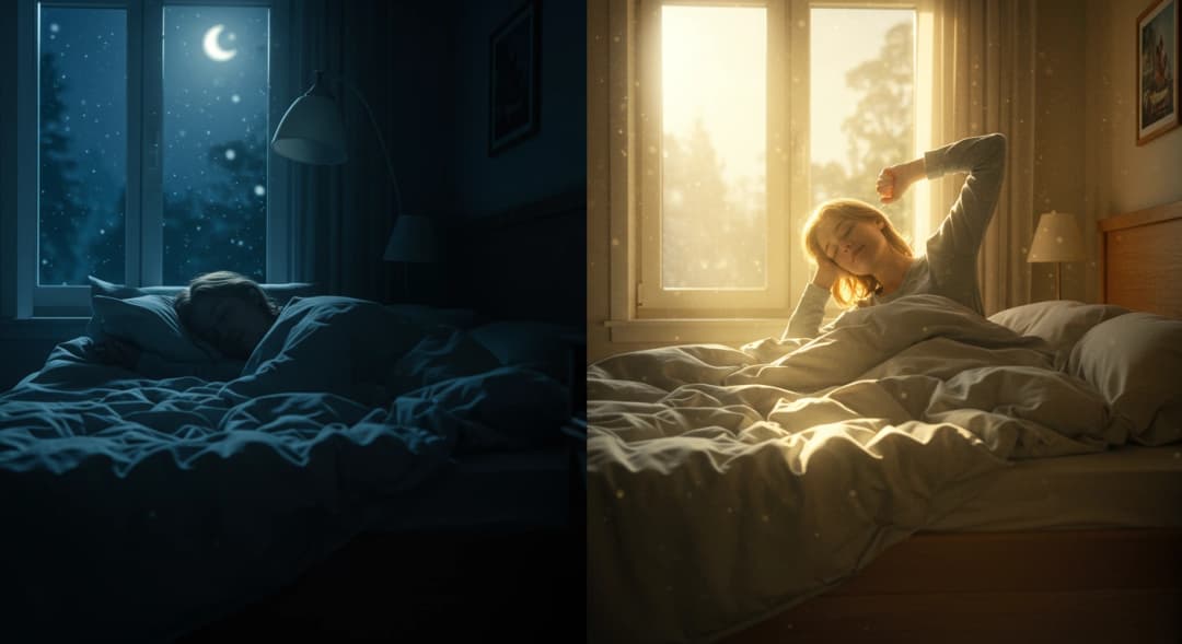 Persona che dorme pacificamente di notte e si sveglia riposata e serena al mattino.