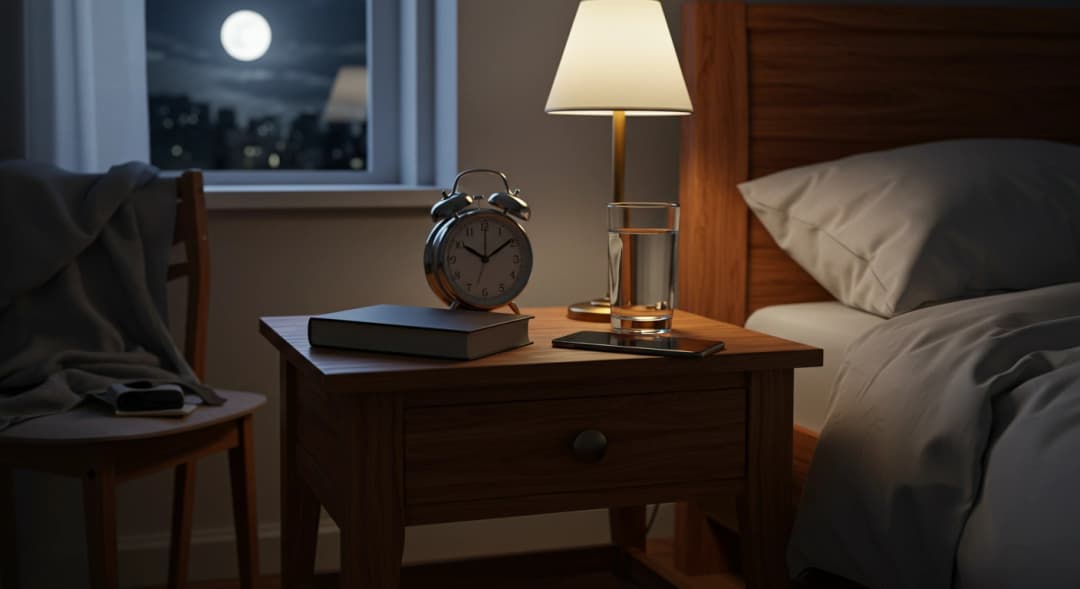 Peaceful bedroom at night prepared for sleep, with a book and clock, no phone on the bedside table.