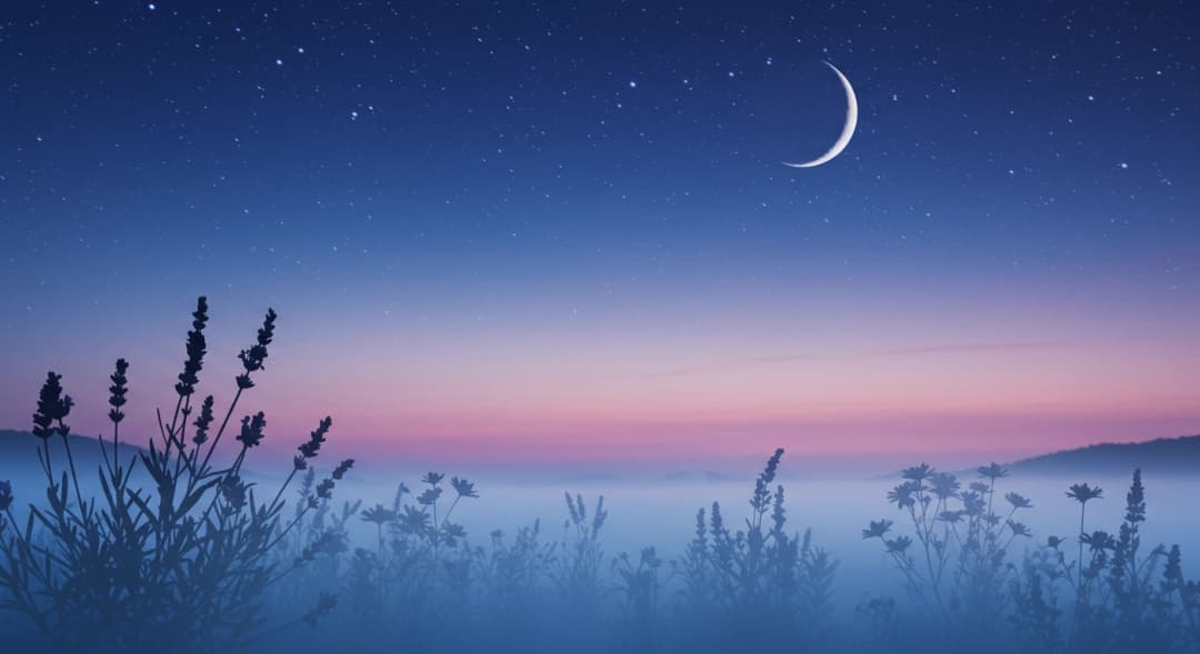 Cielo notturno sereno con luna crescente e sagome di erbe calmanti nella nebbia.