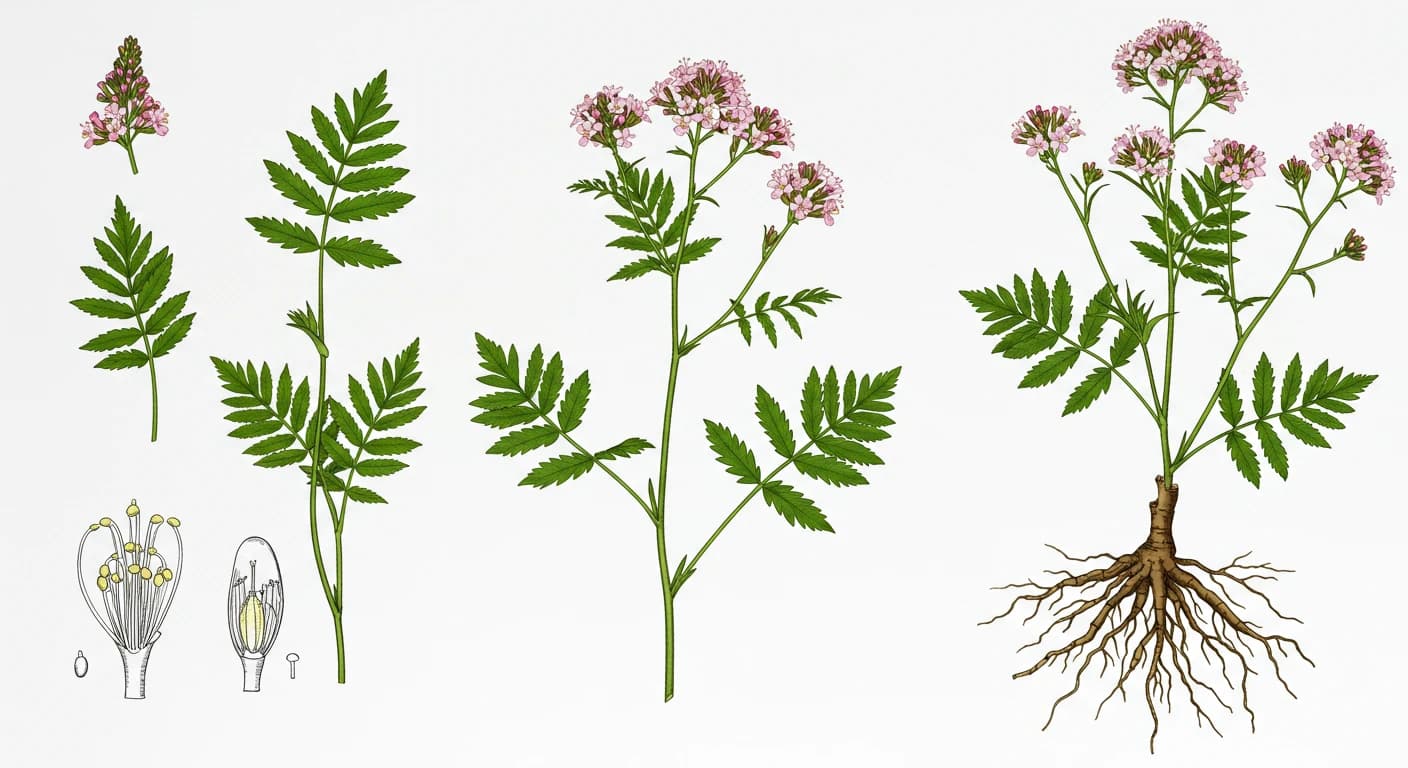 Illustrazione botanica della pianta di Valeriana officinalis con fiori rosa pallido e radici visibili.