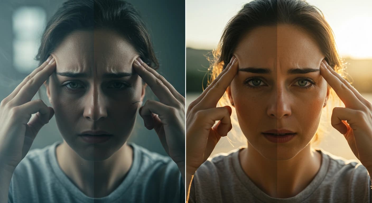 Immagine divisa: a sinistra persona stanca con mente annebbiata, a destra la stessa persona riposata e concentrata.