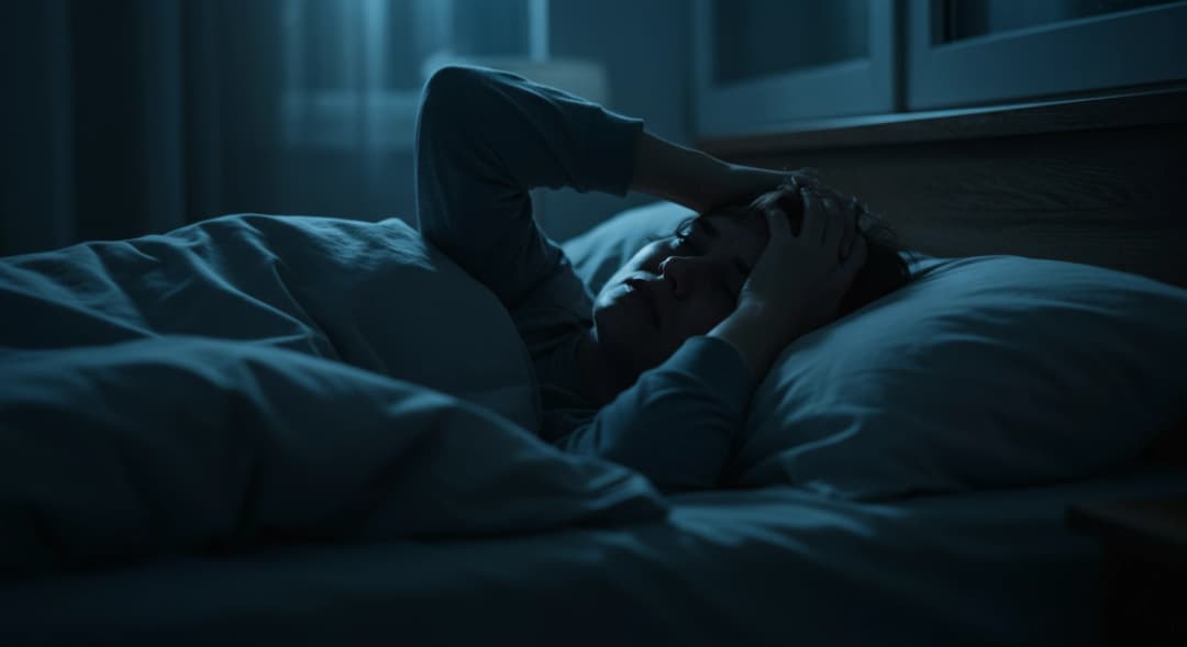 Person lying awake in bed at night, looking frustrated and unable to sleep, symbolizing insomnia.