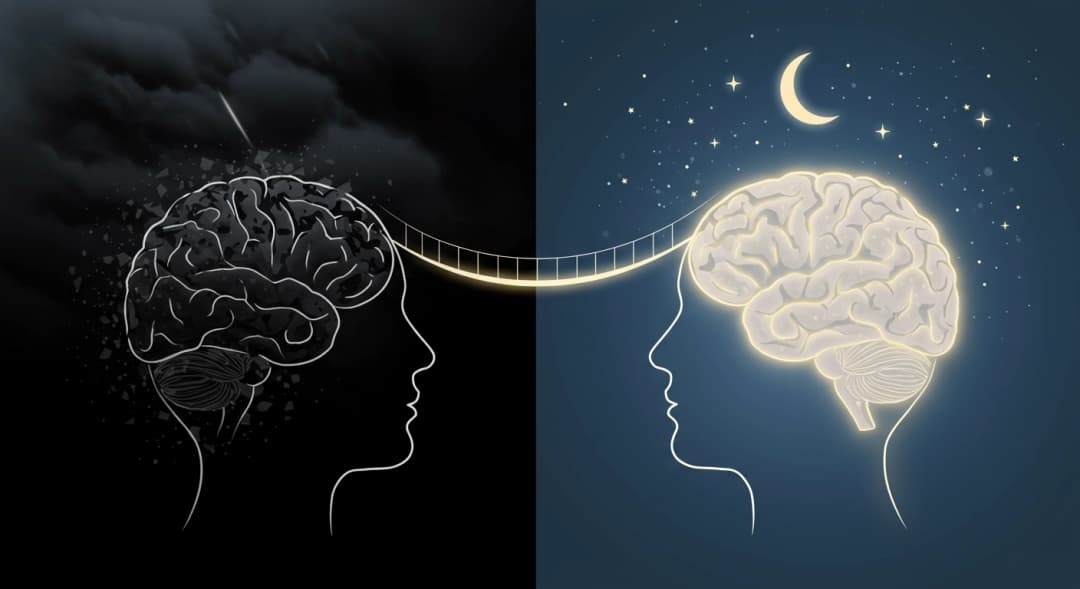 Illustrazione simbolica: il sonno ripara il cervello, passando dal caos alla calma.