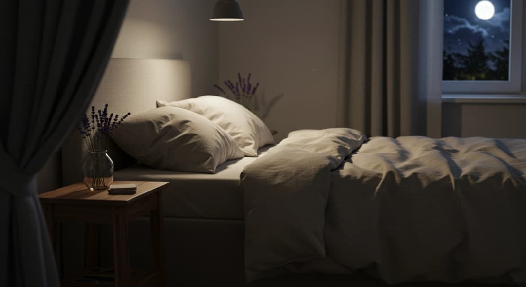 Camera da letto serena illuminata dalla luna, simbolo di un sonno ristoratore.